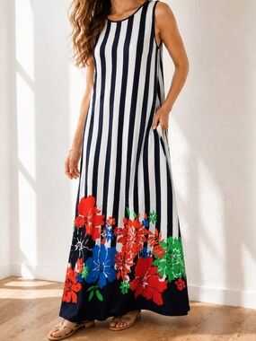Ruby Rd. Striped Floral Border Maxi Dress XL Sleeveless Stretch
